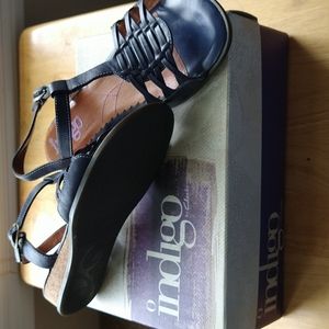 INDIGO by CLARKS BORDEAUX Cobalt Sandals, Leather Upper, Cork Wedge Size 5M